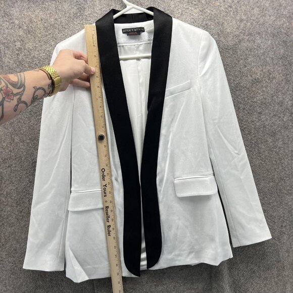 Alice + Olivia Blazer Womens 2 White Black Tuxedo Jacket Shawl Collar Satin - Picture 5 of 9